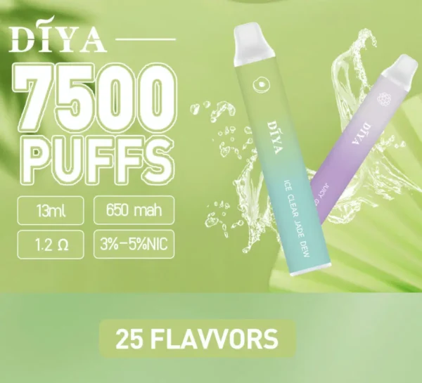 DIYA 7500口拋棄式電子煙|650mAh可充電電池・13ml透明油倉・1.2Ω網狀線圈