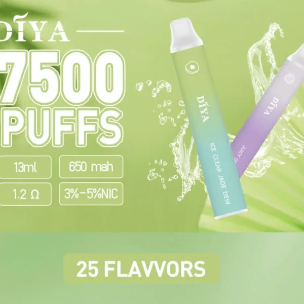 DIYA 7500口拋棄式電子煙|650mAh可充電電池・13ml透明油倉・1.2Ω網狀線圈